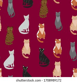 Cartoon Cute Cat or Kitten Domestic Pet Concept Seamless Pattern Background Flat Design. Vector illustration of Cats Icons