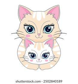 Gato lindo de la historieta con el gatito. Madre abraza al niño. Aislado sobre fondo blanco. Día de la madre. Para impresiones de diseño para niños, carteles, tarjetas, pegatinas, rompecabezas, etc. Vector