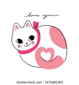 Cartoon cute cat in love vector.