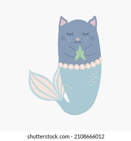 Cartoon cute cat mermaid. Hand drawn vector elements for nursery decoration, baby shower, children's party, poster, invitation, postcard, kids clothes