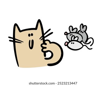 Gato lindo de la historieta conoció a una bandada de ratones. Ilustración vectorial de un gatito cazador amigable y un montón de ratones Pequeños. Los roedores grises no tienen miedo de los animales depredadores domésticos.