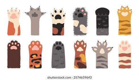 Cartoon cute cat paws. Furry little pets feet, different colors and breeds, kitten pink and black pads, funny animals parts, vector set