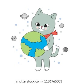 Cartoon cute cat and planet vector.