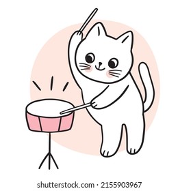 Caricatura lindo gato tocando el vector del tambor.