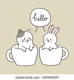 Cartoon cute cat and rabbit in cup coffee vector.