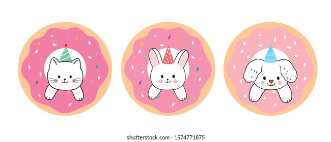 Cartoon cute cat and rabbit and dog and strawberry doughnut vector.