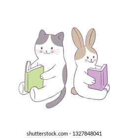Cartoon cute cat and rabbit reading book vector.