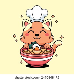 Dibujos animados lindo gato con fideos ramen 