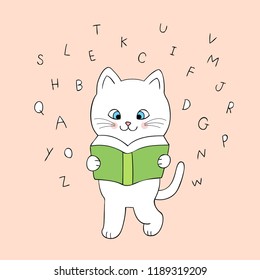 Cartoon cute cat reading book vector.