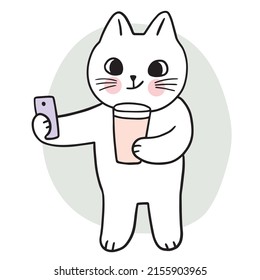 Cartoon cute cat  salfie and coffee cup vector.