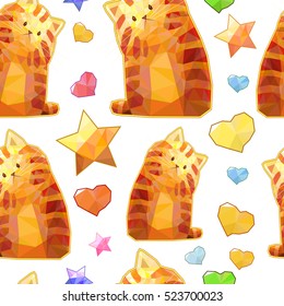 Cartoon cute cat seamless pattern, funny vector character polygonal background