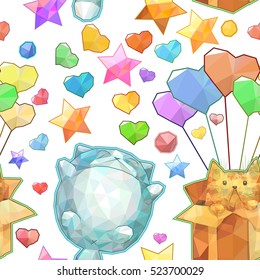 Cartoon cute cat seamless pattern, funny vector character polygonal background