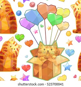 Cartoon cute cat seamless pattern, funny vector character polygonal background