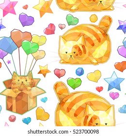 Cartoon cute cat seamless pattern, funny vector character polygonal background