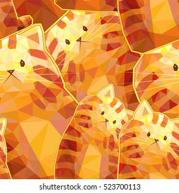 Cartoon cute cat seamless pattern, funny vector character polygonal background