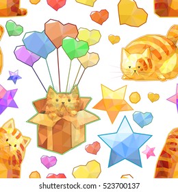 Cartoon cute cat seamless pattern, funny vector character polygonal background