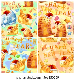 Cartoon cute cat seamless pattern set, funny vector character polygonal background collection, happy new year sign