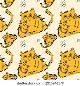 Cartoon cute cat. Seamless vector illustration. Colorful fashionable. Drawing for children's clothing, T-shirts, fabrics. Cute cat fashion pattern in modern style for clothes.
