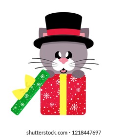 cartoon cute cat sitting in hat in christmas gift