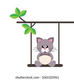 cartoon cute cat sitting on a swing and on a branch