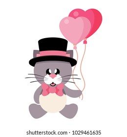 cartoon cute cat sitting with tie and hat and lovely balloons 