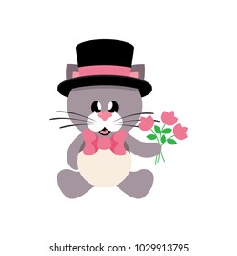 cartoon cute cat sitting with tie and hat and flowers