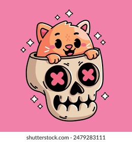 Dibujos animados lindo gato en el cráneo