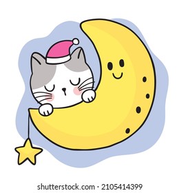 Cartoon cute cat sleeping on the moon vector.