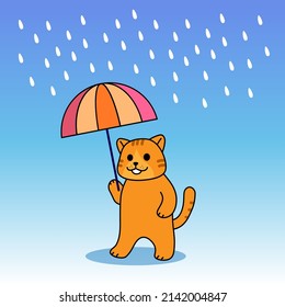 Cartoon cute cat standing and hand hold umbrella in raining season heavy raining. Rainy wet weather. Vector illustration.  