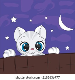 Cartoon cute cat and Star on moon at night vector. 