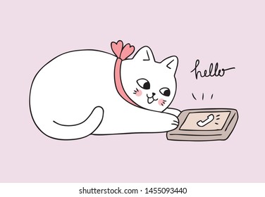 Cartoon cute cat talking mobile vector.