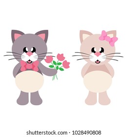 cartoon cute cat with tie and flowers and cat girl
