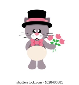 cartoon cute cat with tie and hat and flowers