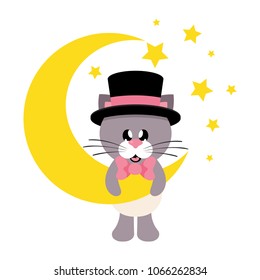 cartoon cute cat with tie and hat on a moon