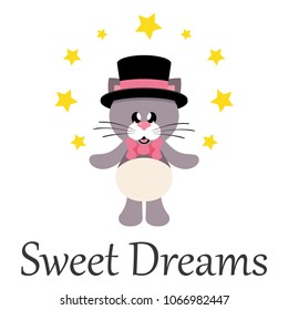 cartoon cute cat with tie and hat and stars with text