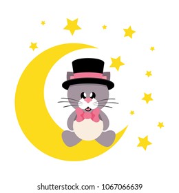cartoon cute cat with tie and hat sitting on the moon