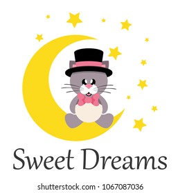 cartoon cute cat with tie and hat sitting on the moon with text