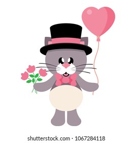 cartoon cute cat with tie and hat and fowers and lovely balloons