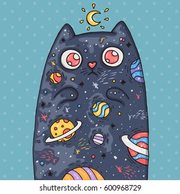 Cartoon cute cat with the universe inside. Cartoon illustration in comic trendy style.