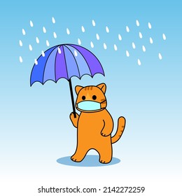 Cartoon cute cat wearing face mask protection standing and hand hold umbrella in season heavily raining. Rainy wet weather. Vector illustration.