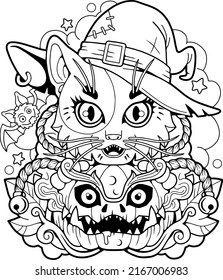 cartoon cute cat Witch, contour illustration