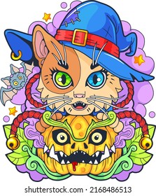cartoon cute cat Witch, funny illustration, design