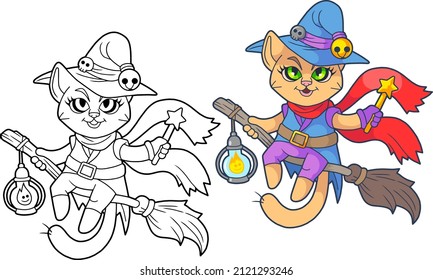 cartoon cute cat witch on a broom, coloring book, funny illustration