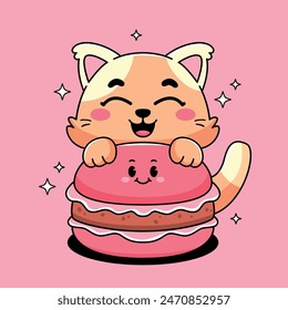 Cartoon cute cat wiyh pink macaron 