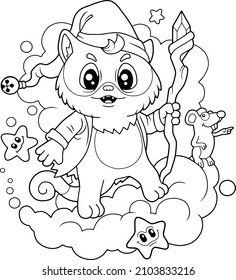 cartoon cute cat wizard, coloring book, funny illustration