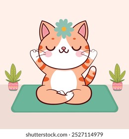 Cartoon cute cat yoga meditation vector art illustration