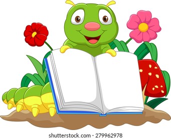 Cartoon cute caterpillar holding book 