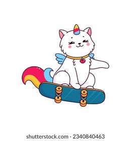 Cartoon cute caticorn cat and kitten character. Fantasy animal or magical creature isolated vector funny character. Skating caticorn cat childish mascot or comical personage