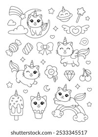 Cartoon cute caticorn cat unicorn coloring page illustration