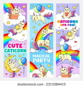 Cartoon cute caticorn cats and kitty characters on rainbow. Kids party vector vertical banners with fairytale cheerful kitten with unicorn horns, cute caticorn personages playing on rainbow and clouds